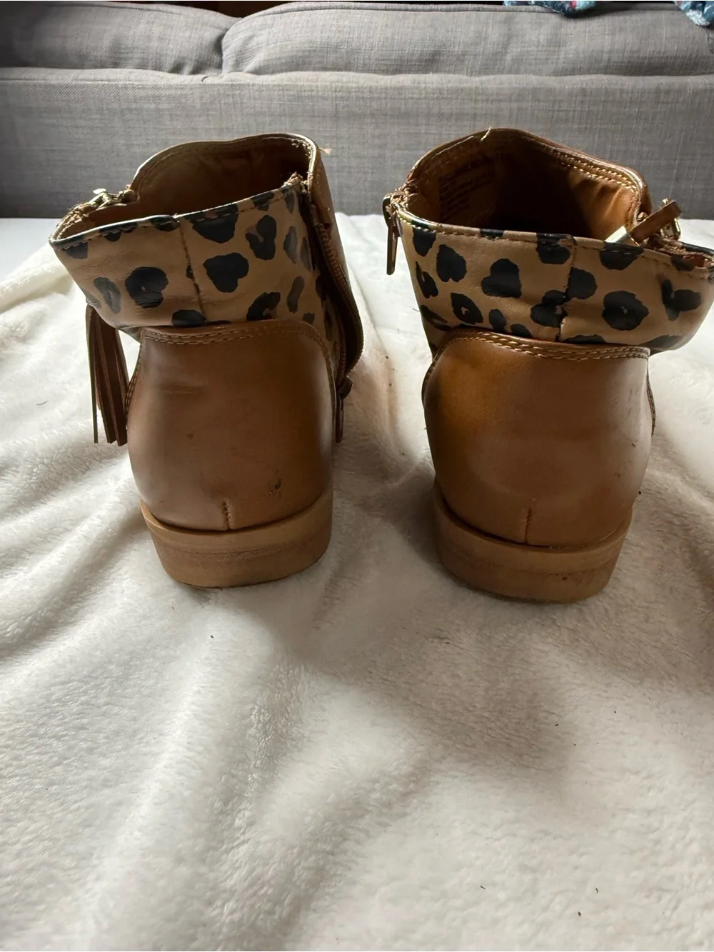 Lily & Dan Girls Size 2/3 Brown Ankle Boots Leopard Print Zip Tassel ALDI